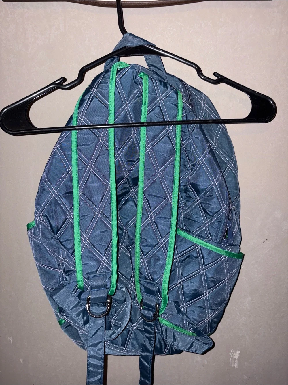 Quilted Navy Backpack with Green Trim - Unbranded